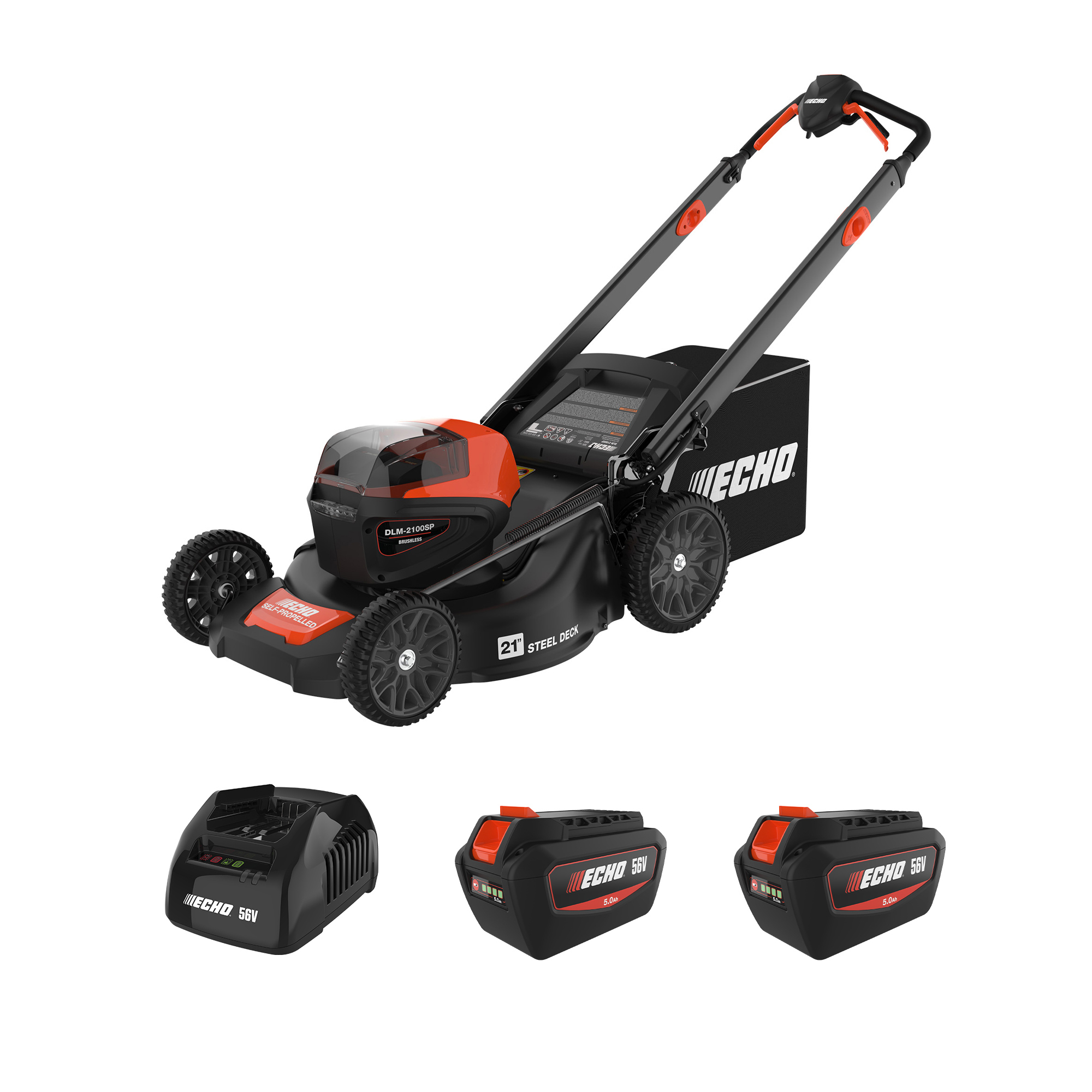 ECHO 56V Battery System, Battery-Powered Self-Propelled Lawn Mower, Cutting Width 20 in, Power Source Electric, Includes (2) 5.0Ah Batteries and Rapid Charger, Model# DLM-2100SPR2-2